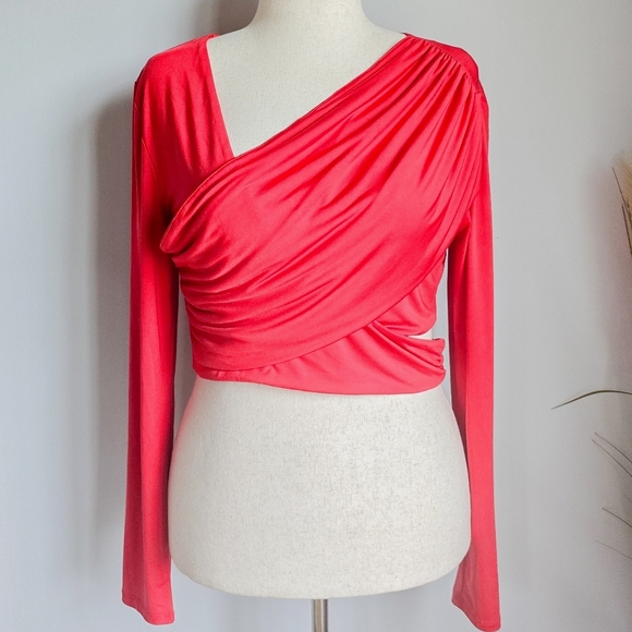 Revolve x H:ours Cherry Red Cyn Crop Wrap Cut-out Top Asymmetric, Womens SZ XL - Picture 2 of 12